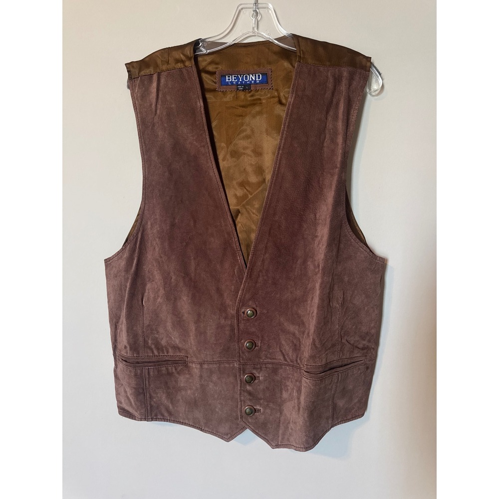 Beyond Leather Mens Brown Suede Vest Western Boho Four Button Cinch Back Large